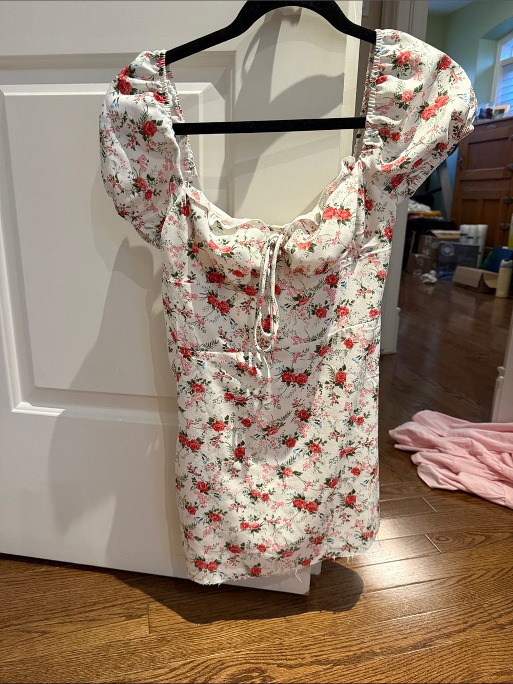 White Floral Puff-Sleeve Mini Dress with Tie Front